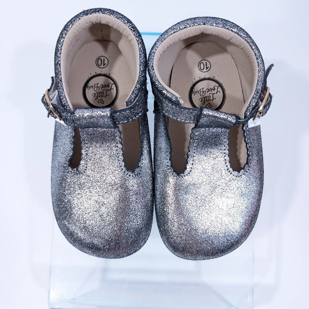 Little Love Bug T Bar Leather Moccasins sz 10 NEW Little Girl Dress Shoes Silver